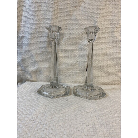 Vintage New Martinsville Tall Clear Glass 9” Candlestick Set Of 2 USA Ma… - Picture 1 of 8